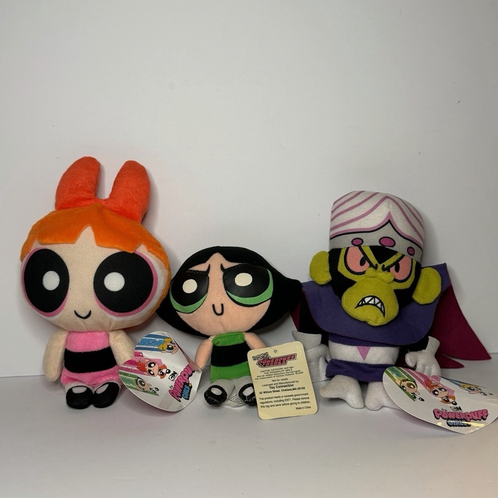 Lot of 3 Power Puff Girls Cartoon Network Plush Toy Factory includes Mojo Jojo